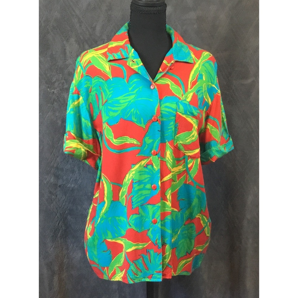 VTG Rafaella Tropical Floral Buttonup Top Short Sleeve Red Green Blue Gold Shirt